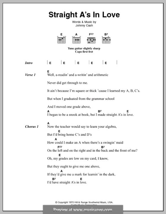 Straight a's in Love: Текст, аккорды by Johnny Cash