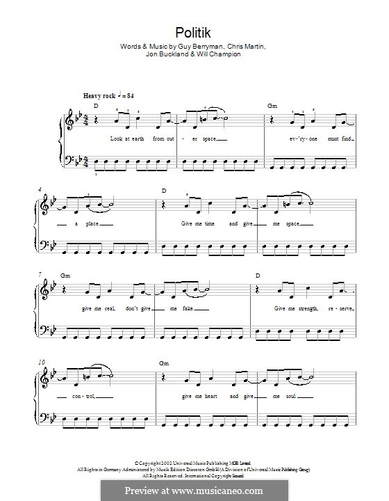 Politik (Coldplay): Для фортепиано (легкий уровень) by Chris Martin, Guy Berryman, Jonny Buckland, Will Champion