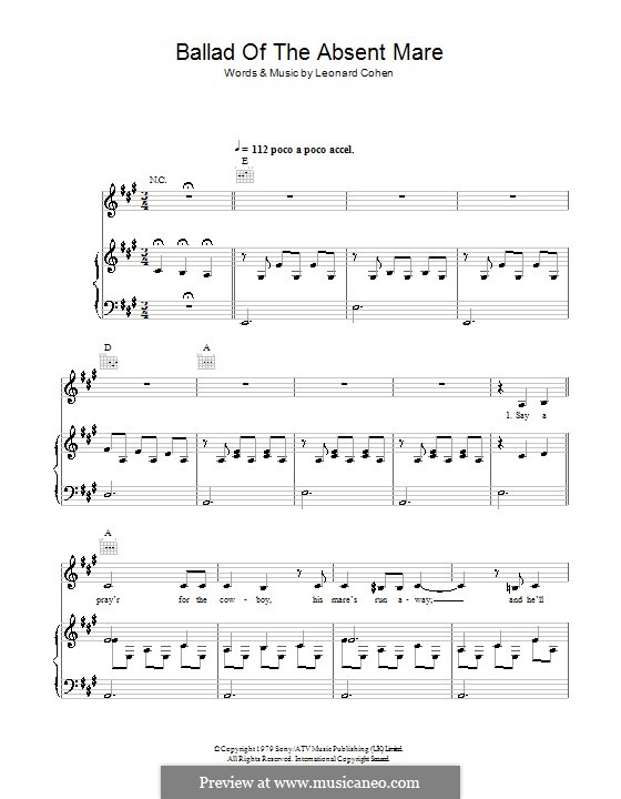 Ballad of the Absent Mare: Для голоса и фортепиано (или гитары) by Leonard Cohen