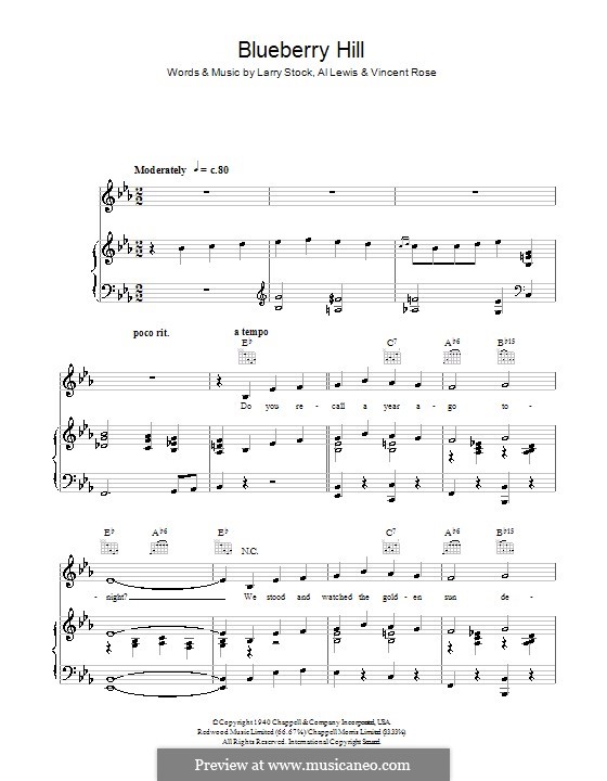 Blueberry Hill (Fats Domino): Для голоса и фортепиано (или гитары) by Al Lewis, Larry Stock, Vincent Rose