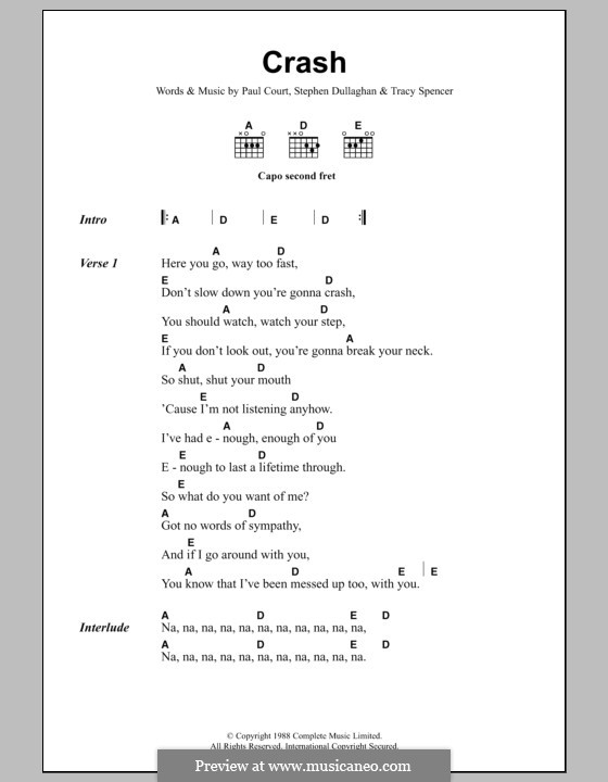 Crash (The Primitives): Текст, аккорды by Paul Court, Stephen Dullaghan, Tracy Spencer