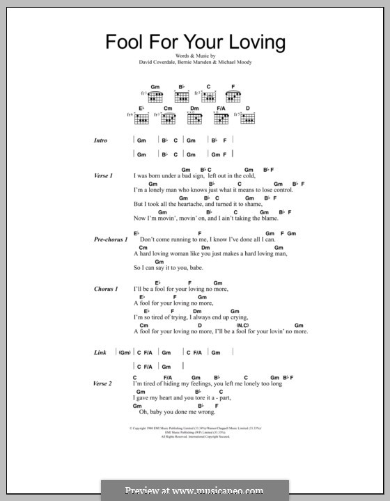 Fool for Your Loving (Whitesnake): Текст, аккорды by Bernie Marsden, David Coverdale, Micky Moody