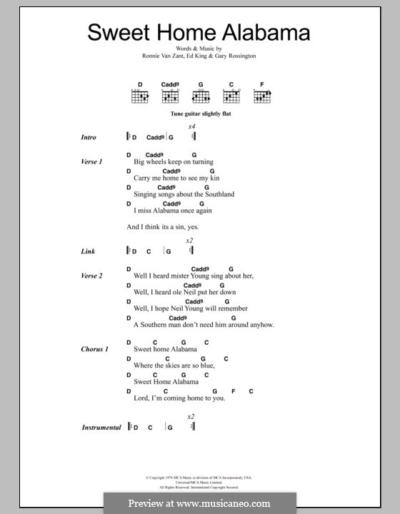 Sweet Home Alabama (Lynyrd Skynyrd): Текст, аккорды by Ed King, Gary Rossington, Ronnie Van Zant