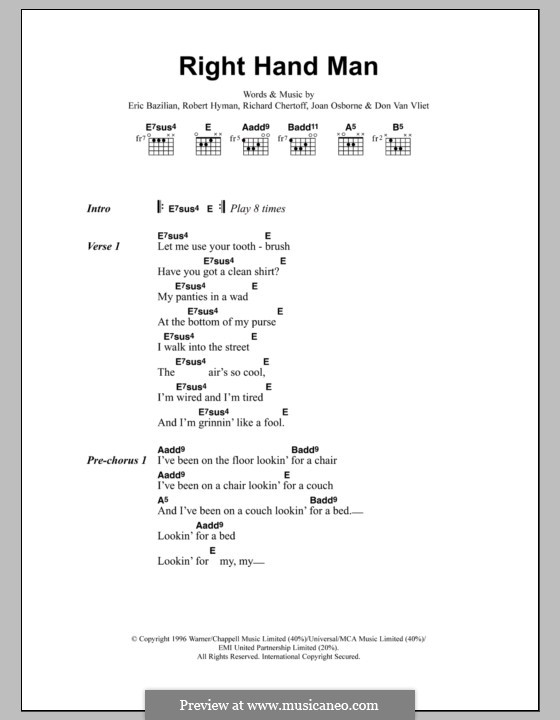 Right Hand Man (Joan Osbourne): Текст, аккорды by Don Van Vliet, Eric Bazilian, Richard Chertoff, Robert Hyman