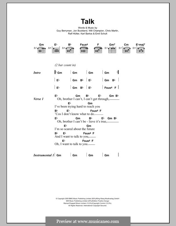 Talk (Coldplay): Текст, аккорды by Chris Martin, Emil Schult, Guy Berryman, Jonny Buckland, Karl Bartos, Ralf Hütter, Will Champion