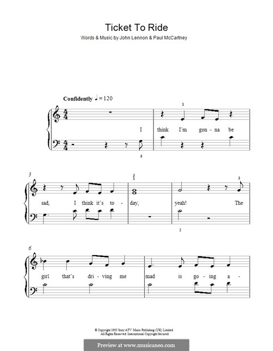 Ticket to Ride (The Beatles): Для фортепиано (легкий уровень) by John Lennon, Paul McCartney