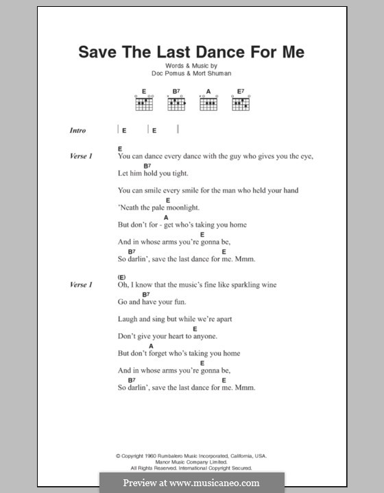 Save the Last Dance for Me (The Drifters): Текст и аккорды by Doc Pomus, Mort Shuman