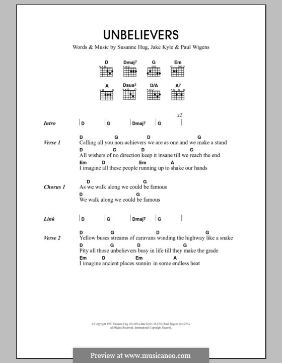 Unbelievers (Travis): Текст, аккорды by Jake Kyle, Paul Wigens, Susanne Hug