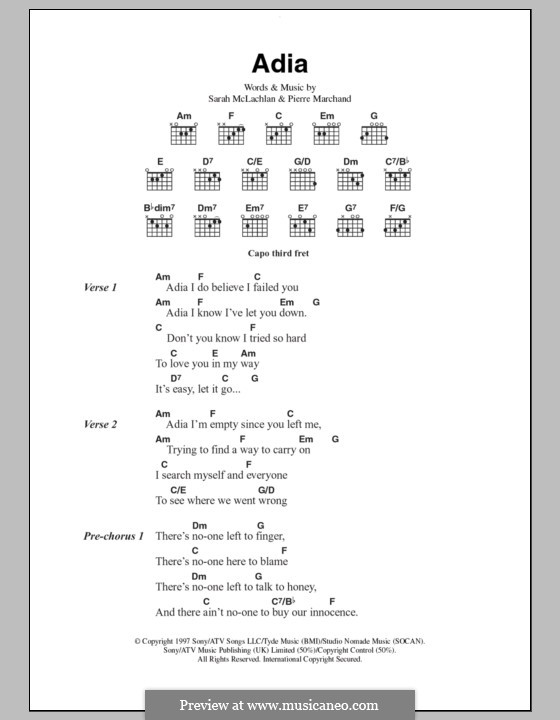 Adia: Текст и аккорды by Pierre Marchand, Sarah McLachlan