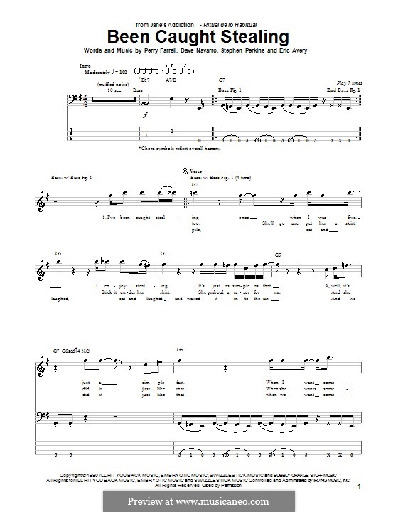 Been Caught Stealing (Jane's Addiction): Для бас-гитары с табулатурой by Dave Navarro, Eric Avery, Perry Farrell, Stephen Perkins