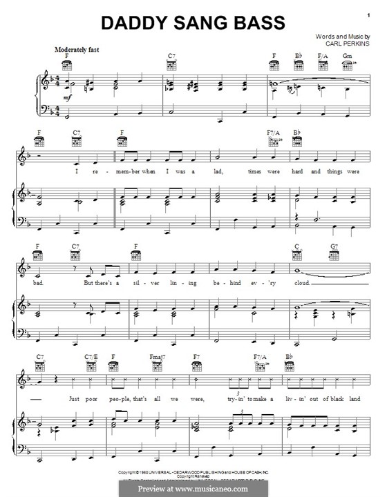 Daddy Sang Bass (Johnny Cash): Для голоса и фортепиано (или гитары) by Carl Lee Perkins