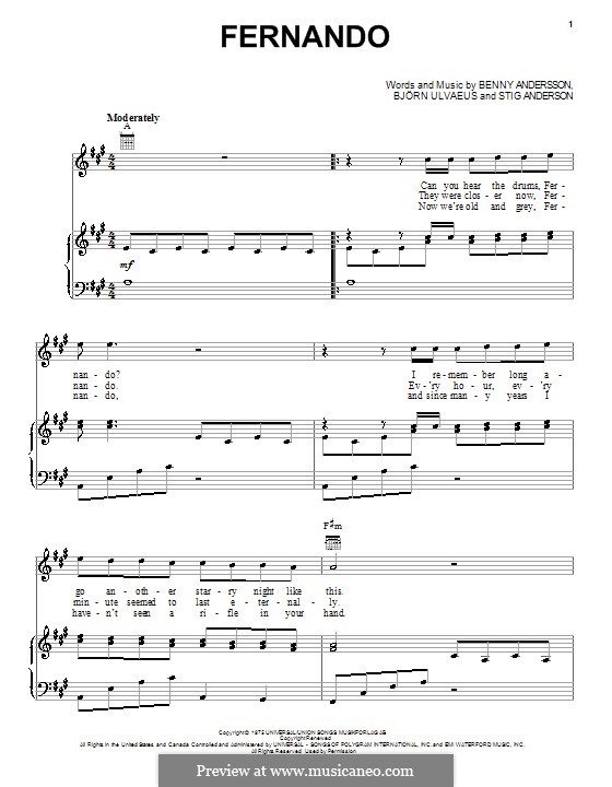 Fernando (ABBA): Для голоса и фортепиано (или гитары) by Benny Andersson, Björn Ulvaeus, Stig Anderson