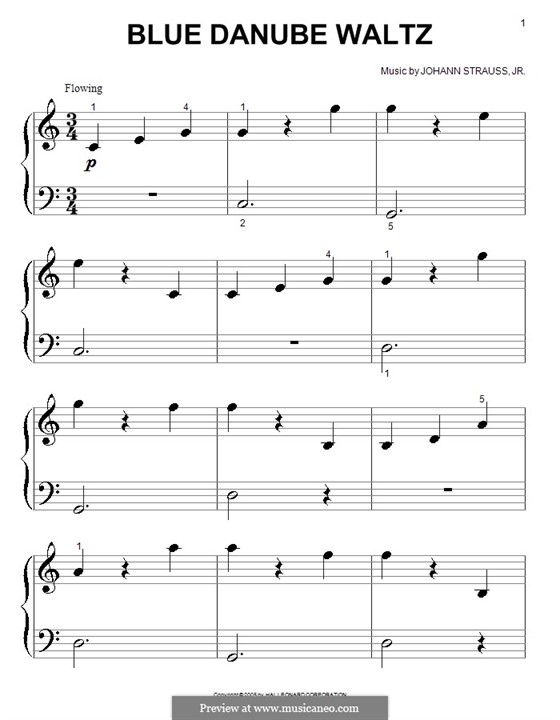 На прекрасном голубом Дунае, для фортепиано, Op.314: Очень легкая версия by Иоганн Штраус (младший)