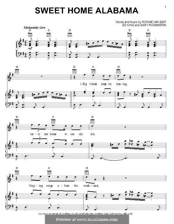 Sweet Home Alabama (Lynyrd Skynyrd): Для голоса и фортепиано (или гитары) by Ed King, Gary Rossington, Ronnie Van Zant