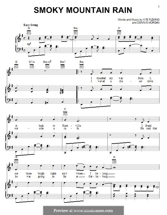 Smoky Mountain Rain (Ronnie Milsap): Для голоса и фортепиано (или гитары) by Dennis Morgan, Kye Fleming