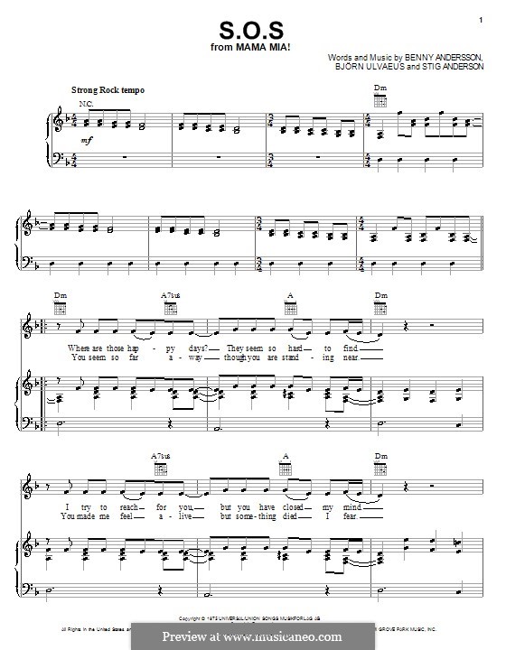 S.O.S. (ABBA): Для голоса и фортепиано (или гитары) by Benny Andersson, Björn Ulvaeus, Stig Anderson