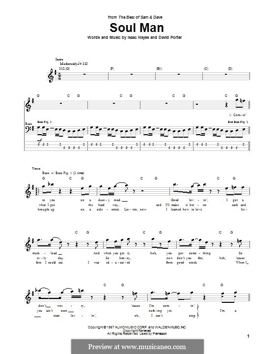 Soul Man (Sam & Dave): Для бас-гитары с табулатурой by David Porter, Isaac Hayes