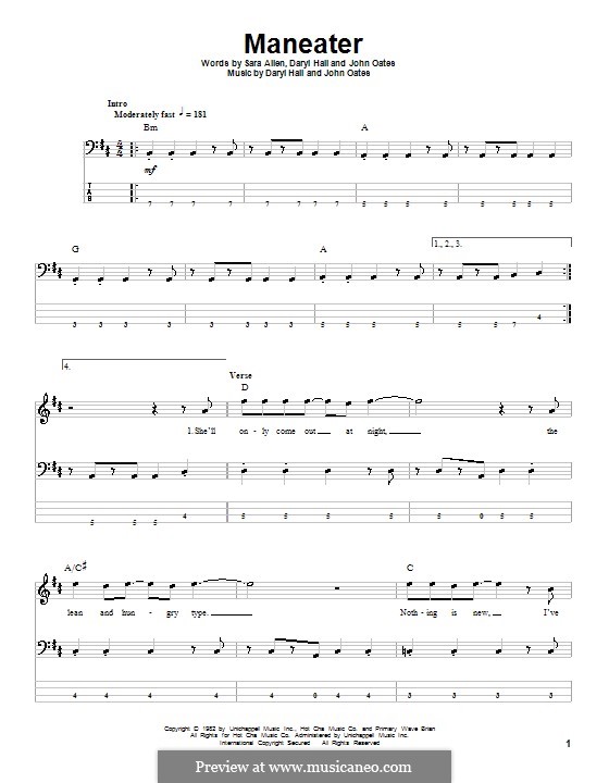 Maneater (Hall & Oates): Для бас-гитары с табулатурой by Daryl Hall, John Oates, Sara Allen