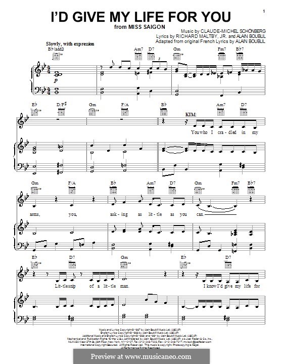 I'd Give My Life for You: Для голоса и фортепиано (или гитары) by Claude-Michel Schönberg