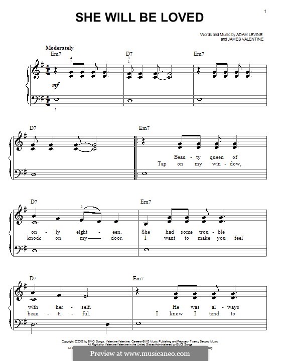 She Will Be Loved (Maroon 5): Для фортепиано (легкий уровень) by Adam Levine, James Valentine