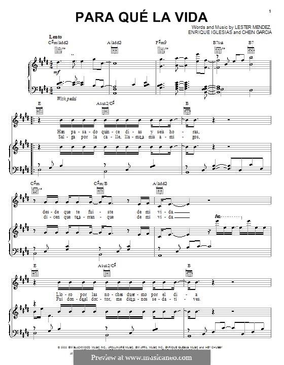 Para Qué la Vida (Enrique Iglesias): Для голоса и фортепиано (или гитары) by Chein Garcia, Lester A. Mendez