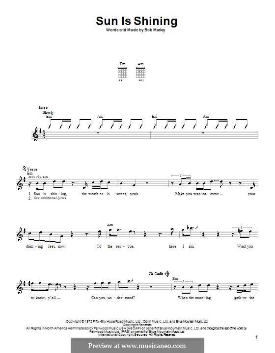 Sun Is Shining: Для гитары (с вариантом боя) by Bob Marley