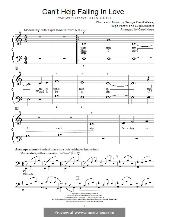 Piano version: Very easy notes by George David Weiss, Hugo Peretti, Luigi Creatore