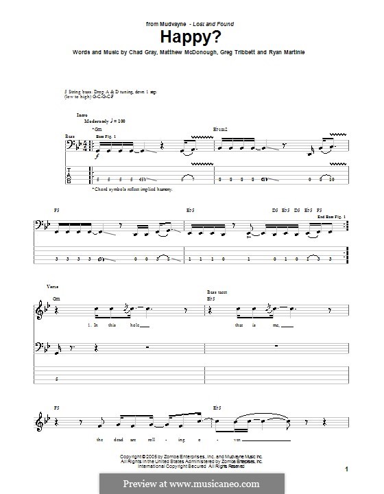 Happy? (Mudvayne): Для бас-гитары с табулатурой by Chad Gray, Greg Tribbett, Matthew McDonough, Ryan Martinie