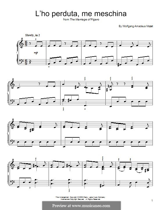 L'ho perduta, me meschina (I Lost it, Poor Me): Для фортепиано by Вольфганг Амадей Моцарт