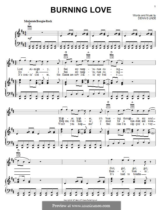 Burning Love (Elvis Presley): Для голоса и фортепиано (или гитары) by Dennis Linde