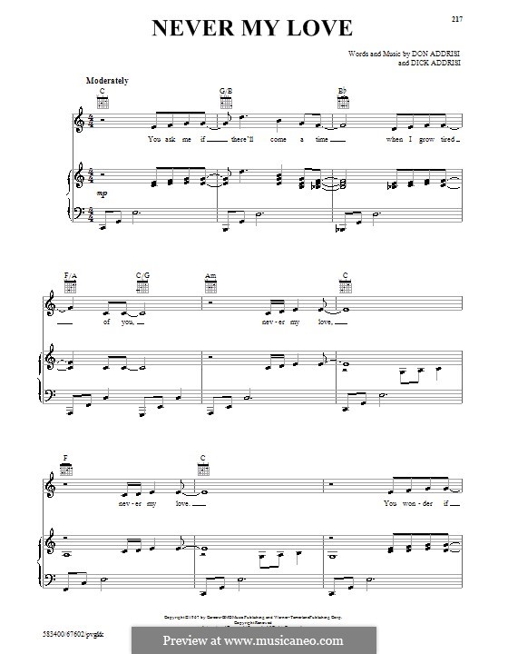 Never My Love: Для голоса и фортепиано (или гитары) by Dick Addrisi, Don Addrisi