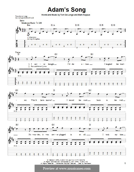 Adam's Song (Blink-182): Гитарная табулатура by Mark Hoppus, Tom DeLonge