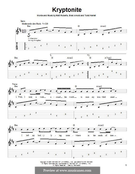 Kryptonite (3 Doors Down): Гитарная табулатура by Brad Arnold, Matthew Roberts, Todd Harrell