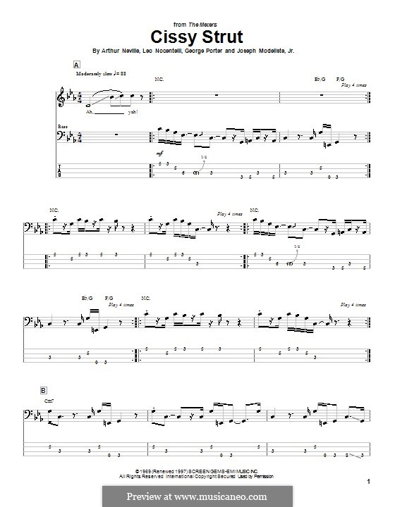 Cissy Strut (The Meters): Для бас-гитары с табулатурой by Arthur Neville, George Porter, Joseph Modeliste Jr., Leo Nocentelli