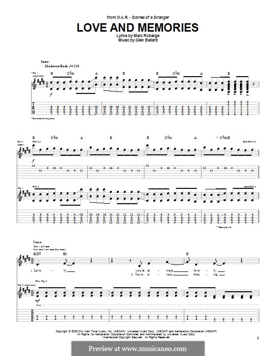 Love and Memories (O.A.R.): Гитарная табулатура by Glen Ballard, Marc Roberge