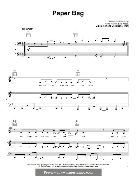 Paper Bag (Anna Nalick): Для голоса и фортепиано (или гитары) by Brad Smith, Christopher Thorn, Eric Rosse