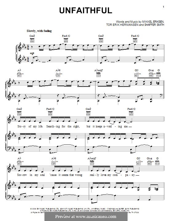 Unfaithful (Rihanna): Для голоса и фортепиано (или гитары) by Mikkel Storleer Eriksen, Ne-Yo, Tor Erik Hermansen