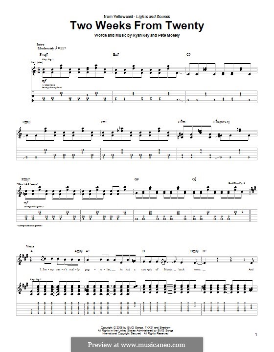 Two Weeks from Twenty (Yellowcard): Гитарная табулатура by Peter Mosely, Ryan Key