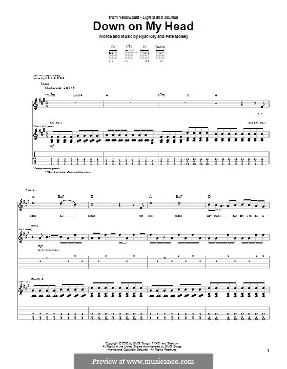 Down On My Head (Yellowcard): Гитарная табулатура by Peter Mosely, Ryan Key
