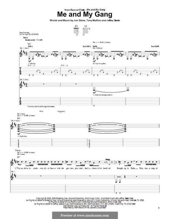 Me and My Gang (Rascal Flatts): Гитарная табулатура by Jeffrey Steele, Jon Stone, Tony Mullins
