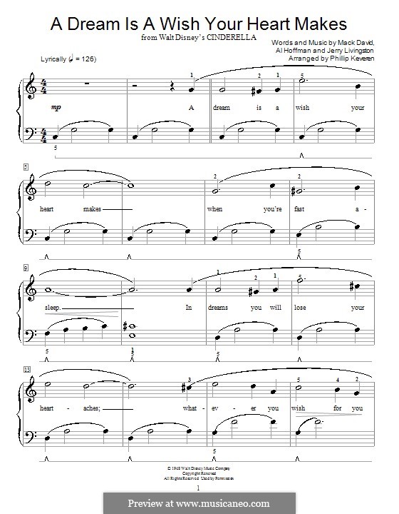 A Dream Is a Wish Your Heart Makes (from Disney's Cinderella): Для фортепиано (до мажор) by Al Hoffman, Jerry Livingston, Mack David