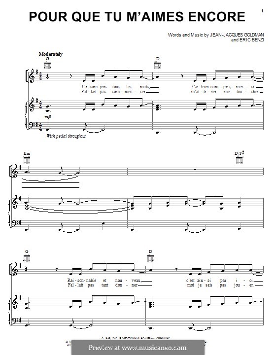 Pour Que Tu M'aimes Encore (Il Divo): Для голоса и фортепиано (или гитары) by Eric Benzi, Jean-Jacques Goldman