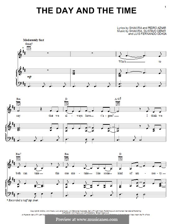 The Day and The Time (Shakira): Для голоса и фортепиано (или гитары) by Gustavo Cerati, Luis Fernando Ochoa, Pedro Aznar