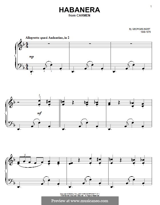 Habanera (Printable Scores): Версия для начинающего пианиста by Жорж Бизе
