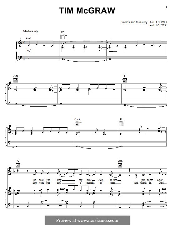 Tim McGraw (Taylor Swift): Для голоса и фортепиано (или гитары) by Liz Rose