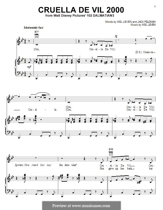 Cruella de Vil (from 101 Dalmatians): Для голоса и фортепиано (или гитары) by Mel Leven