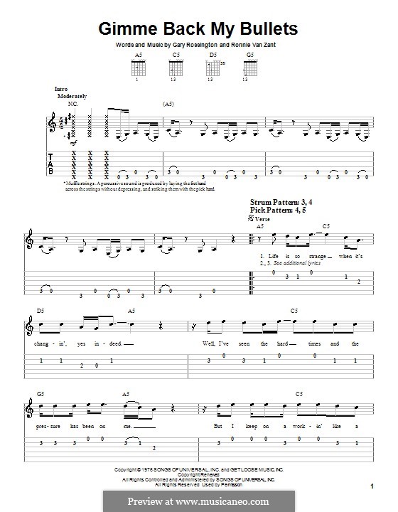 Gimme Back My Bullets (Lynyrd Skynyrd): Для гитары (очень легкая версия) by Gary Rossington, Ronnie Van Zant