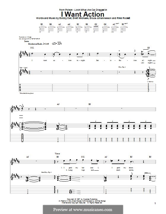 I Want Action (Poison): Гитарная табулатура by Bobby Dall, Bret Michaels, C.C. DeVille, Rikki Rockett