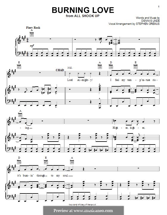 Burning Love (Elvis Presley): Для голоса и фортепиано или гитары (Ля мажор) by Dennis Linde