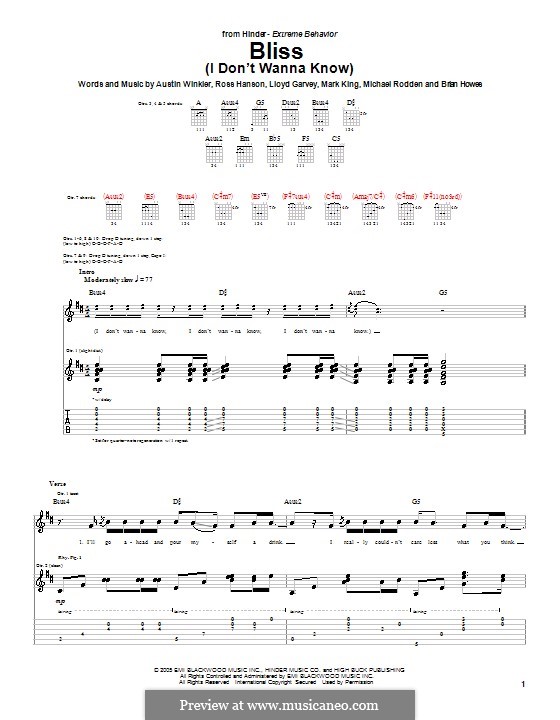 Bliss (I Don't Wanna Know): Гитарная табулатура (Hinder) by Austin Winkler, Brian Howes, Lloyd Garvey, Mark King, Michael Rodden, Ross Hanson